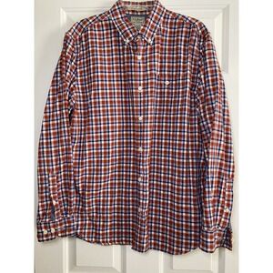 LL Bean Mens Large Slightly Fitted Plaid Button Down Shirt Red Blue White 501136